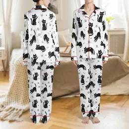 Cat Lovers' Whimsical Black Cats White Background Cartoon Design with Pink Accents, Yarn Balls & Paw Prints Satin Pajamas Set
