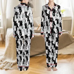 Cat Lovers' Whimsical Black White Grey Cartoon Cat All-Over Print Pink Ears Blue Eyes Pattern Satin Pajamas Set