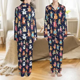 Cat Lovers' Whimsical Cartoon Cat Ensemble Playing Music Baking Sailing DJing on Deep Navy Satin Pajamas Set