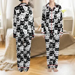 Cat Lovers' Black & White Minimalist Cartoon Cat Face Dense Seamless All-Over Print Satin Pajamas Set
