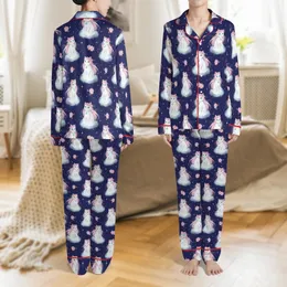 Cat Lovers' Dreamy Whimsical White Cats Teal Eyes Pink Flower Crowns Indigo Cherry Blossom Pattern Satin Pajamas Set