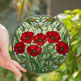 Nature Art Lovers' Intricate Red Poppy Tiffany Stained Glass Mosaic Dappled Light Design Stained Glass Suncatcher