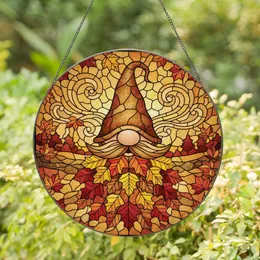 Autumn Lovers' Whimsical Gnome Stained Glass Maple Leaf Orange Gold Red Jewel Tone Art Stained Glass Suncatcher