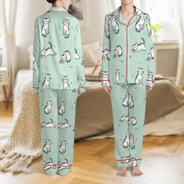 Cat Lovers' Whimsical Hand-Drawn White Cartoon Cats Light Mint Green Pattern Fish Bones Paw Prints Satin Pajamas Set