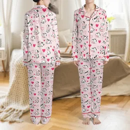 Cute Cow Lovers' Whimsical White Spotted Cartoon Cows Hot Pink Hearts Pastel Pink Seamless All-Over Design Satin Pajamas Set