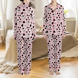 Kawaii Lovers' Whimsical Pastel Pink Cartoon Cow Face Heart Spot All-Over Print Satin Pajamas Set