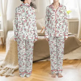 Cat Lovers' Whimsical Pink Crown Cartoon Cats, Soft Pink Rose Blossom, Sage Green, Pastel Blue Pattern Satin Pajamas Set
