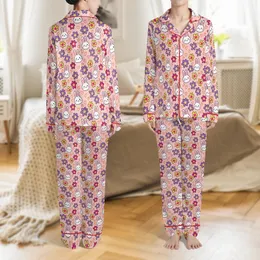 Women's Cheerful Pastel Pink White Cartoon Bunny Purple Yellow Flower Orange Heart Illustrative Pattern Satin Pajamas Set