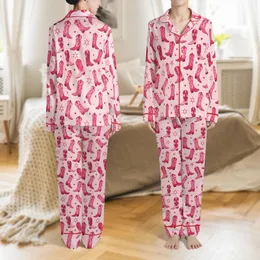 Cowgirl Chic Fans' Blush Pink Fuchsia Stylized Scattered Cowboy Boots Heart Badge Pattern Satin Pajamas Set