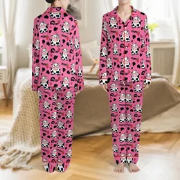 Cute Animal Lovers' Vibrant Hot Pink Flat 2D Cartoon Dairy Cow Rosy Cheeks Strawberry Moo Design Satin Pajamas Set