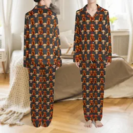 Animal Lovers' Detailed Illustrative Baby Highland Calf Burnt Orange Red-Brown Tan Fur Repeating Pattern on Dark Heather Grey Satin Pajamas Set