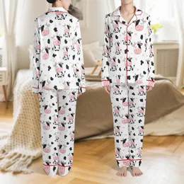 Whimsical Animal Lovers' Pure White Seamless Cute Cartoon Cow Pink Bows Rosy Cheeks & Hearts Jet Black Cowhide Pattern Satin Pajamas Set