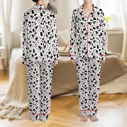 Playful Style Admirers' Black White Blush Pink Cartoon Cow Face Heart Pattern Satin Pajamas Set
