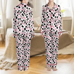 Whimsical Cartoon Cow Faces & Bubblegum Pink Spots Print Item Satin Pajamas Set