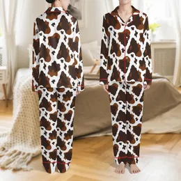 Rustic Style Aficionados' Organic Deep Coffee Brown & White Cowhide Print Satin Pajamas Set
