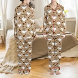 Coffee & Cat Lovers' Warm Taupe Beige Cute Tabby Kittens in White Coffee Cups & 'I Need Coffee' Script Pattern Satin Pajamas Set