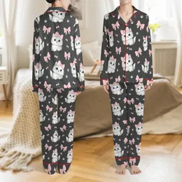 Kitten Lovers' Adorable Gray Fluffy Kittens Blue Eyes Pink Star Bow Seamless Pattern Dark Heather Gray Satin Pajamas Set