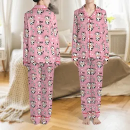 Cute Apparel Lovers' Cheerful Cartoon Baby Cow Pink Bow All-Over Pattern on Bubblegum Pink with 'I <3 MILK' Text Satin Pajamas Set