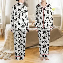Cat Lovers' Whimsical Black Cartoon Cats Pink Bows Off-White Seamless Floral Dot Pattern Satin Pajamas Set