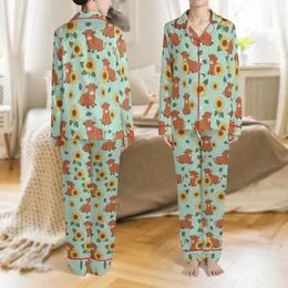 Animal Lovers' Whimsical Fluffy Highland Cow Yellow Sunflower Repeating Pattern Mint Green Satin Pajamas Set