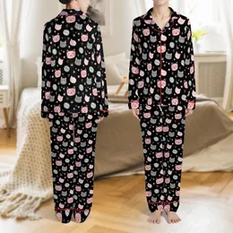Cat Lovers' Playful Cartoon Cat Faces Silhouettes Rose Pink Muted Grey Paw Prints Hearts Black Pattern Satin Pajamas Set