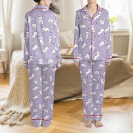 Cat Lovers' Light Lavender Purple Whimsical Cartoon Cat Pattern with White Felines, Yarn Balls & Paw Prints Satin Pajamas Set