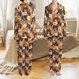 Cat Lovers' Expressive Painterly Feline Faces Collage: Rich Browns, Oranges, Greys, Fuchsia Pink, Emerald Green Eyes Satin Pajamas Set