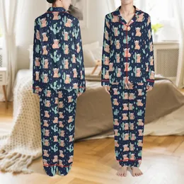Whimsical Highland Cow Lover: Peachy-Pink Fluffy Cow & Blue-Green Cactus Starry Navy Night Fabric Item Satin Pajamas Set