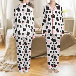 Modern Fashion Enthusiasts' Playful White Black Pastel Pink Organic Cow Blotches Satin Pajamas Set