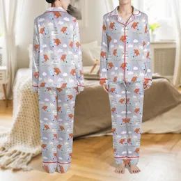 Baby Animal Lovers' Whimsical Sleepy Highland Cow Seamless Pattern in Soft Blue and Muted Gray with Twinkling Stars Satin Pajamas Set