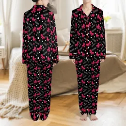 Women's Playful Black Fuchsia Pink White Love Affirmation Bows Hearts Scatter Pattern Satin Pajamas Set