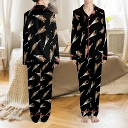 Kitten Lovers' Playful Brown Tabby Kittens Peeking Silver Zippers Black & Cream Contrast Graphic Satin Pajamas Set