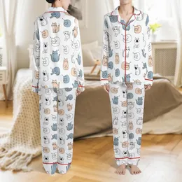 Cat Lovers' Cute Hand-Drawn Cartoon Cats Seamless Pattern with Sleepy Grumpy Expressions Peach Light Blue-Grey Satin Pajamas Set