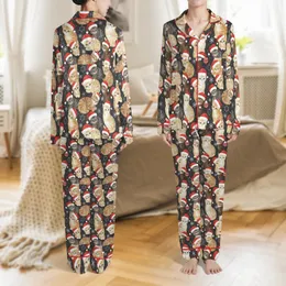 Cat Lovers' Illustrative All-Over Festive Tabby Kitten Pattern in Cream, Brown & Grey with Red Santa Hats Satin Pajamas Set