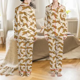 Women's Satin Loungewear Sleep Set: Stylized Ochre Leopard Print on Champagne Beige, Turn-Collar Long Pants & Sleeves Satin Pajamas Set