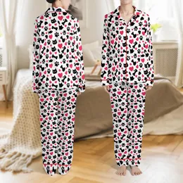 Women's Allover Fuchsia Heart & Black Paw Pet Motif Casual Long Sleeve Pajamas Satin Pajamas Set