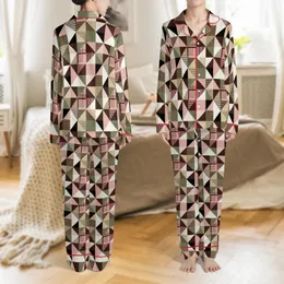 Women's Elegant Three-Piece Sleep Set: Geometric Plaid Patchwork in Brown, Pink, Olive Satin Pajamas Set