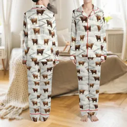 Unisex Highland Cow Pajamas: Nineties Retro Snowy Winter Scene Sleepwear Satin Pajamas Set