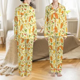Women's Retro Cocktail AOP Satin Pajamas Set – Shaker, Glass & Fruit Bar Design Loungewear Satin Pajamas Set