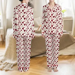 Women's Cozy Burgundy Solid & Outline Heart Pattern: Long Sleeve Button-Up Loungewear Satin Pajamas Set