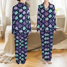 Family Matching Holiday Loungewear: Nebula Cloud-Flower Art, Teal Purple Hearts Sleep Set Satin Pajamas Set