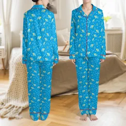 Family Lemon Yellow Turtle Cerulean Blue Aquatic Holiday Sleep Set Satin Pajamas Set