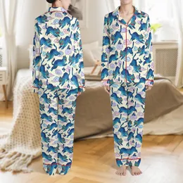 KPop Fan Whimsical Blue Feline & Pastel Cloud Satin Pajamas Set Satin Pajamas Set