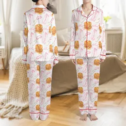 Girls Pink Pancakes & Pajamas Sleep Set: Watercolor Golden Stacks, Bows, Striped Design Satin Pajamas Set