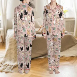 Cat & Coffee Lovers Whimsical Hand-Drawn Cats, Coffee Pun Mugs & Pastel Elements All-Over Pattern on Blush Pink Satin Pajamas Set