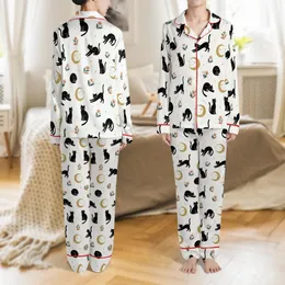 Celestial Cat Lovers' Whimsical Black Cats Gold Ochre Crescent Moons Star Floral Pattern Satin Pajamas Set