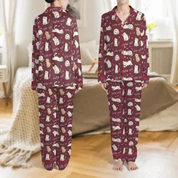 Cat Lovers' Whimsical Hand-Drawn Tan White Cartoon Cats Seamless Pattern on Rich Maroon Satin Pajamas Set