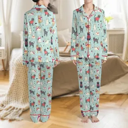 Cat Lovers' Playful Whimsical Cats Light Aqua Blue Pattern with Hand-Drawn Felines, Striped Sweaters & Yarn Balls Satin Pajamas Set