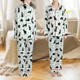Cat Lovers' Whimsical Hand-Drawn Black Cats Cream Sky Blue Stripe Pattern Paw Prints Love Script Satin Pajamas Set