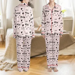 Cat Lovers' Pastel Pink Whimsical Hand-Drawn Black Meow Cat Outline Heart Pattern Satin Pajamas Set